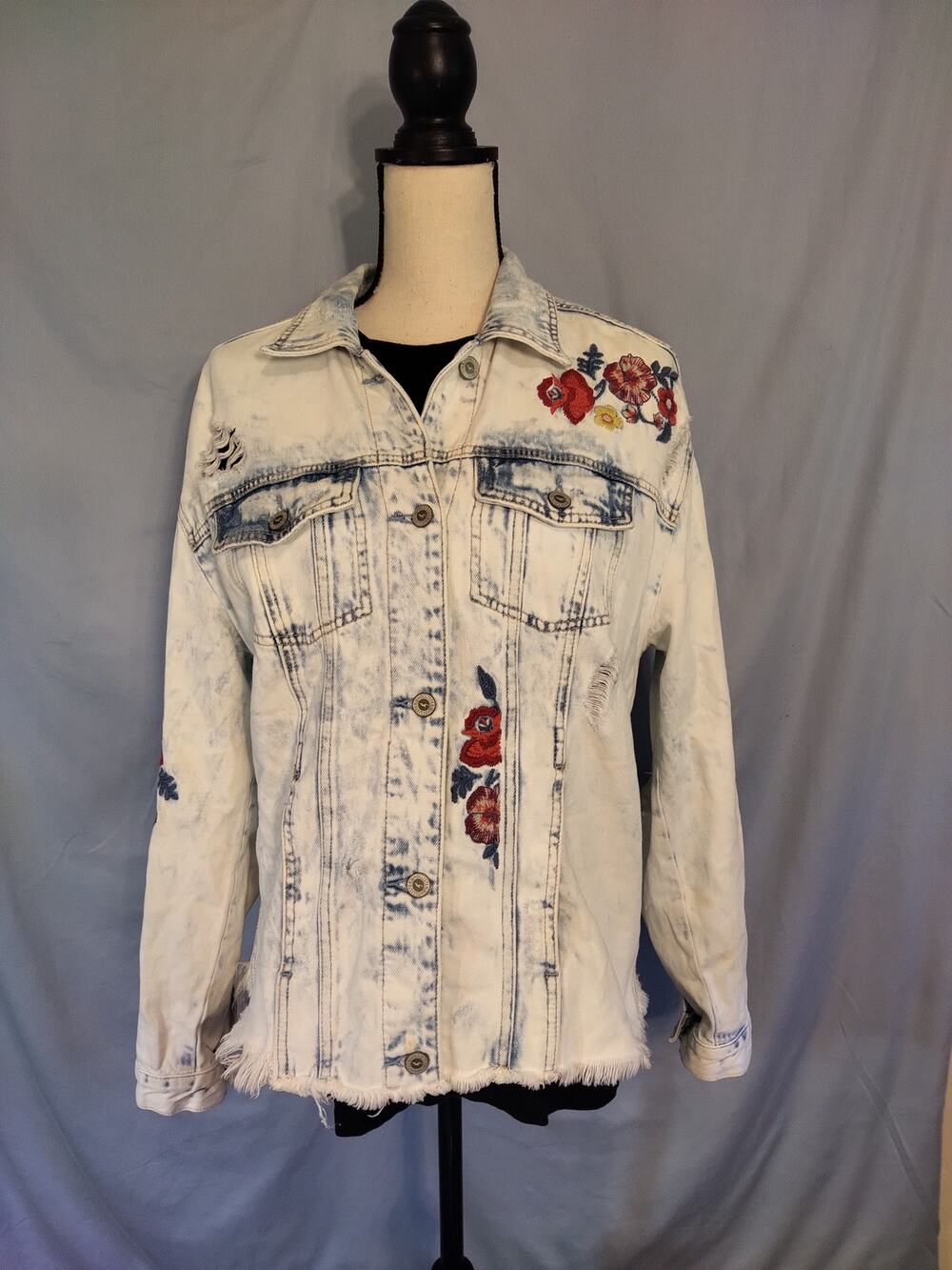 Hollister Floral Embroidered Distressed Denim Jacket